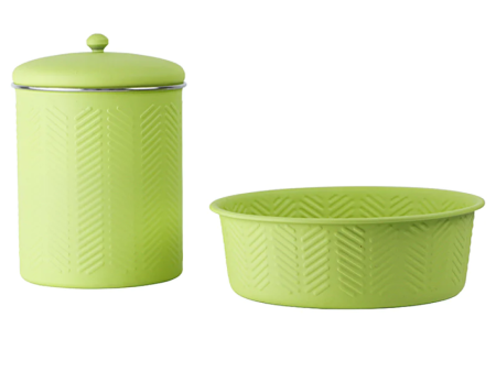 Pawpourri Chevron Emboss Treat Jar and Bowl Set for Dogs and Cats (Green) Supply