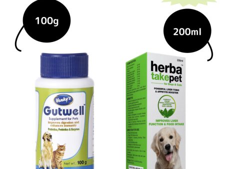 Gutwell Probiotic Powder (100g) & Herbatake Pet Liver Tonic (200ml) Combo for Dogs & Cats Sale