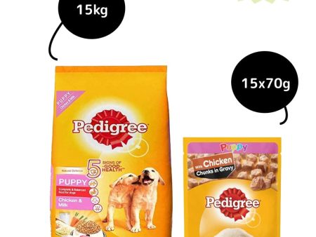 Pedigree Chicken and Milk Dry and Chicken Chunks in Gravy Wet Puppy Food Combo For Sale