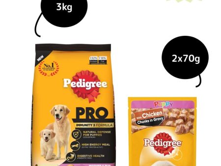 Pedigree PRO Expert Nutrition Lactating Pregnant Mother & Puppy Starter Large Breed Dog Dry and Chicken Chunks in Gravy Puppy Wet Food Combo For Cheap