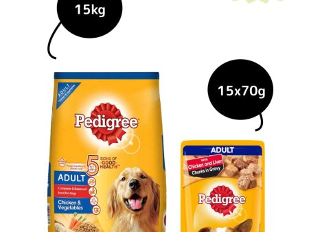 Pedigree Chicken and Vegetables Dry and Chicken and Liver Chunks in Gravy Wet Adult Dog Food Combo Online