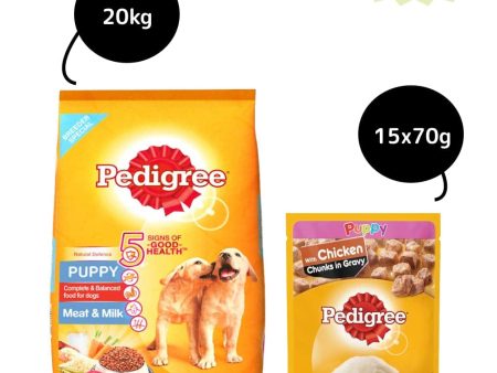 Pedigree Meat & Milk Dry and Chicken Chunks in Gravy Wet Puppy Food Combo Hot on Sale