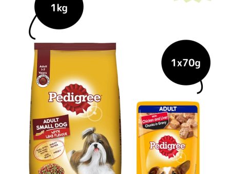 Pedigree Lamb & Veg Flavour Adult Small Dog Dry and Chicken and Liver Chunks in Gravy Adult Wet Dog Food Combo on Sale