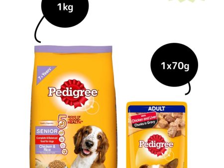 Pedigree Chicken & Rice Senior Dog Dry and Chicken and Liver Chunks in Gravy Adult Dog Wet Food Combo Online Sale