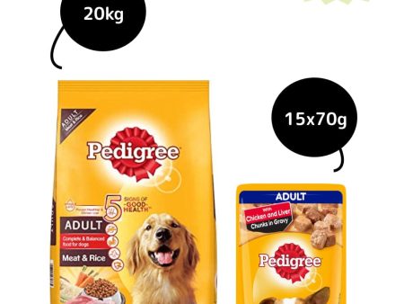 Pedigree Meat & Rice Dry and Chicken and Liver Chunks in Gravy Wet Adult Dog Food Combo Discount