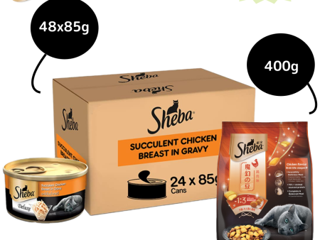 Sheba Complete Nutrition Succulent Chicken Breast In Gravy Cat Wet Food and Chicken Flavour Irresistible Cat Dry Food Combo Supply