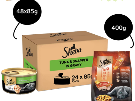 Sheba Complete Nutrition Tuna White Meat & Snapper In Gravy Cat Wet Food and Sheba Chicken Flavour Irresistible Cat Dry Food Combo on Sale