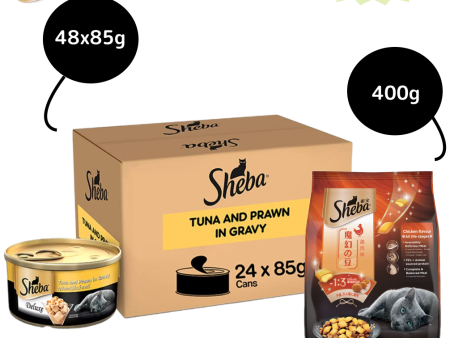 Sheba Tuna Fillet & Whole Prawns in Gravy Premium Cat Wet Food and Chicken Flavour Irresistible All Life Stage Cat Dry Food Combo For Discount