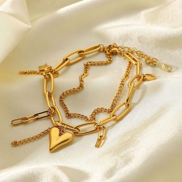 Wholesale 18K Electroplating Stainless Steel Gold Three-dimensional Love Star Pendant Double Layer Bracelet For Sale