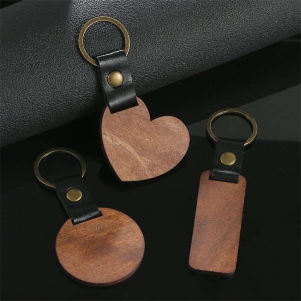 Wholesale Manual DIY Wood Leather Love Circle Rectangular Keychain Supply