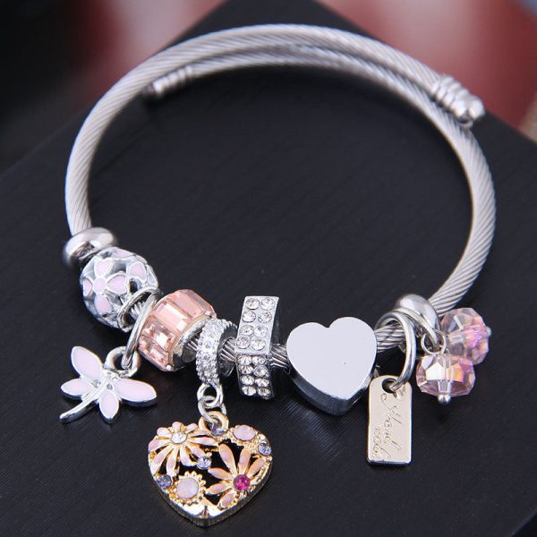 Wholesale Stainless Steel Wire Small Daisy Heart Dragonfly Crystal Beads Bracelet Supply