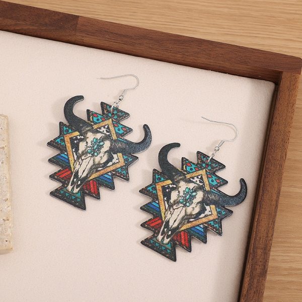 Wholesale Western Wind Bull Head Geometric PU Leather Earrings Hot on Sale