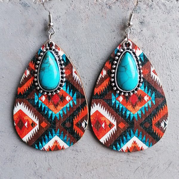 Wholesale  2 Pairs Pack Turquoise Pendant Aztec Western Wooden Earrings For Cheap