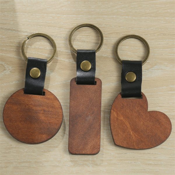 Wholesale Manual DIY Wood Leather Love Circle Rectangular Keychain Supply