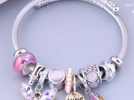 Wholesale Stainless Steel Wire Crystal Butterfly Tassel Beaded Opening Adjustable Bracelet Supply