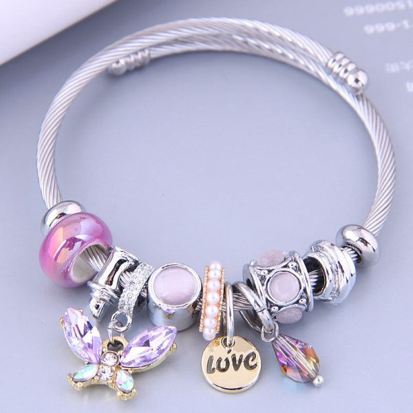 Wholesale Stainless Steel Wire Crystal Butterfly Tassel Beaded Opening Adjustable Bracelet Supply