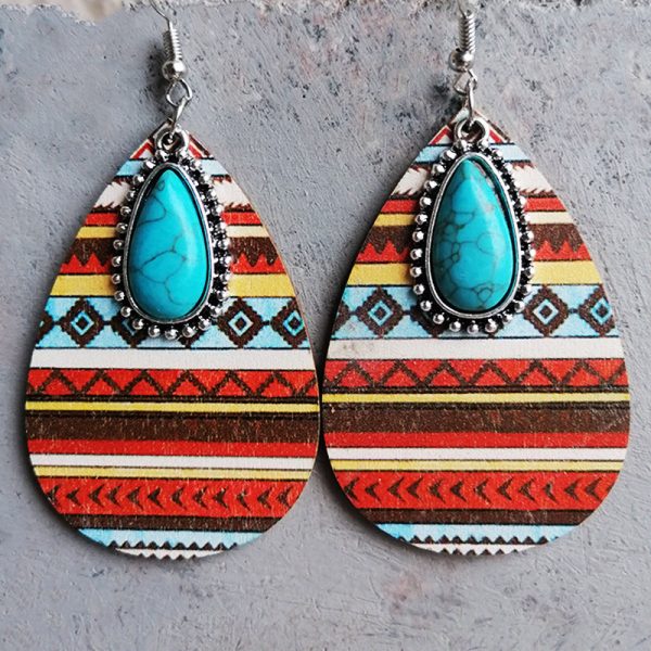 Wholesale  2 Pairs Pack Turquoise Pendant Aztec Western Wooden Earrings For Cheap