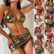 Wholesale Three-Piece Set Solid Color Foil Stamping Glossy Lace Up Swimwear Fashion