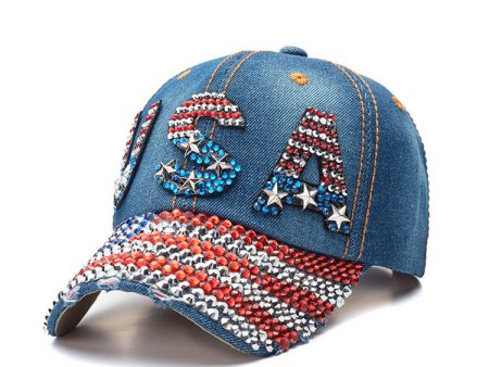 Wholesale Cotton American Flag Denim Diamond Baseball Cap For Cheap