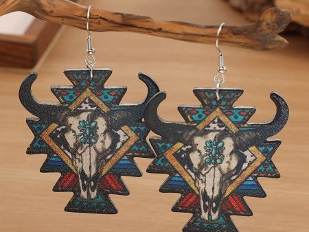 Wholesale Western Wind Bull Head Geometric PU Leather Earrings Hot on Sale