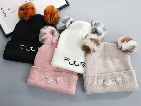 Wholesale Acrylic Cartoon Cat Fur Ball Ear Knitted Hat For Cheap