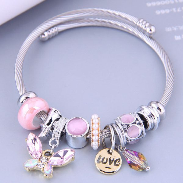 Wholesale Stainless Steel Wire Crystal Butterfly Tassel Beaded Opening Adjustable Bracelet Supply