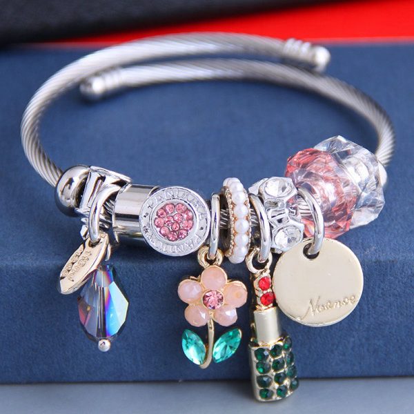 Wholesale Stainless Steel Wire Crystal Sunflower Lipstick Pearl Tassel Bracelet Cheap