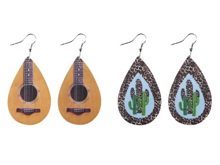 Wholesale Water Drop Guitar Leopard Cactus Leather Earrings Online Sale