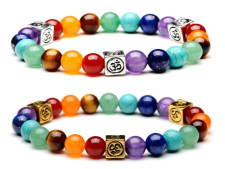 Wholesale 2pcs Square OM Alloy Qimai Yoga Colorful Energy Stone Bracelet For Sale