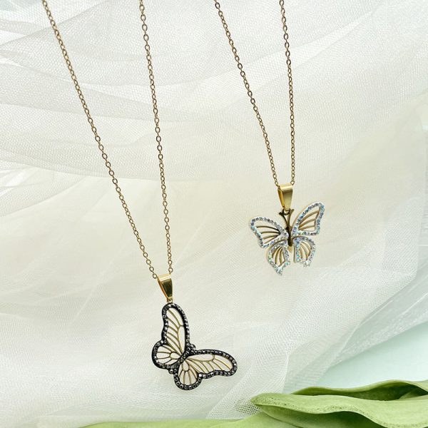 Wholesale Titanium Steel Colored Rhinestone Two-tone Butterfly Pendant Necklaces Online now