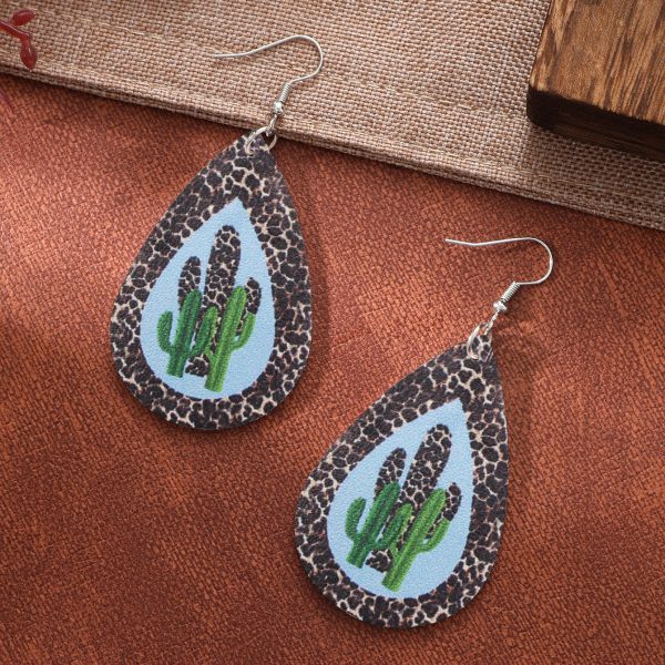 Wholesale Water Drop Guitar Leopard Cactus Leather Earrings Online Sale