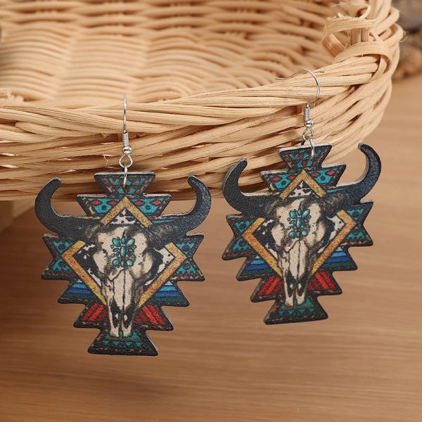 Wholesale Western Wind Bull Head Geometric PU Leather Earrings Hot on Sale