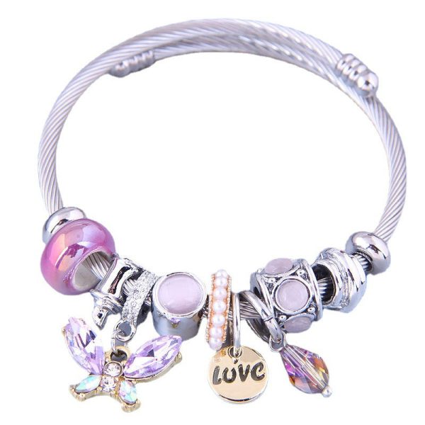 Wholesale Stainless Steel Wire Crystal Butterfly Tassel Beaded Opening Adjustable Bracelet Supply