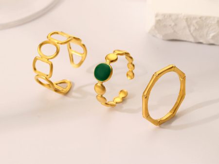 Wholesale Stainless Steel Gold Opening O-shaped Circular Vintage Oil Dropping Green Three Piece Ring Set For Discount