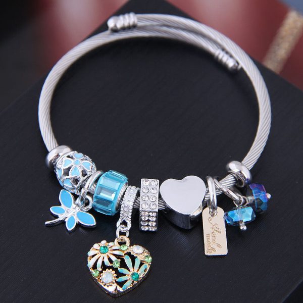 Wholesale Stainless Steel Wire Small Daisy Heart Dragonfly Crystal Beads Bracelet Supply