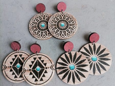 Wholesale 2 Pairs Pack Aztec Turquoise Pattern Patchwork Round Wooden Earrings Hot on Sale