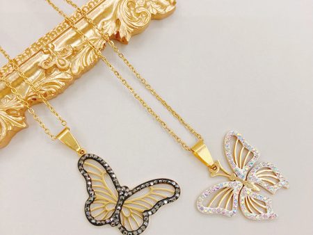 Wholesale Titanium Steel Colored Rhinestone Two-tone Butterfly Pendant Necklaces Online now