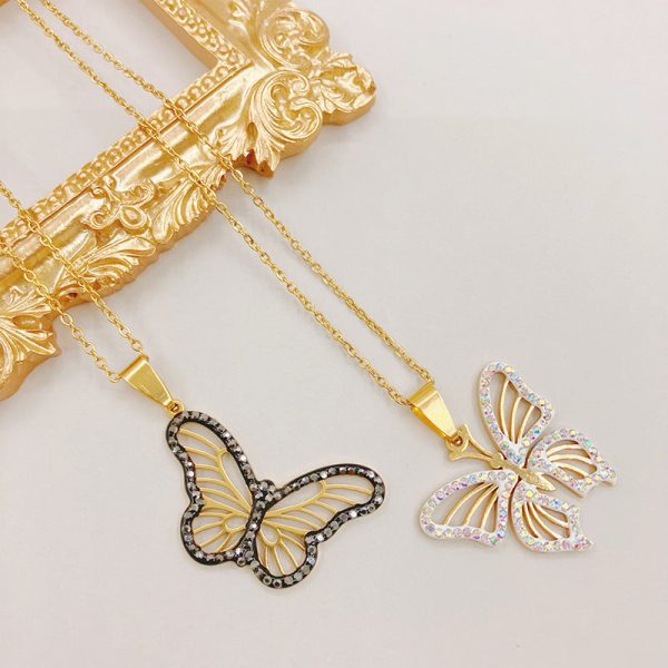 Wholesale Titanium Steel Colored Rhinestone Two-tone Butterfly Pendant Necklaces Online now