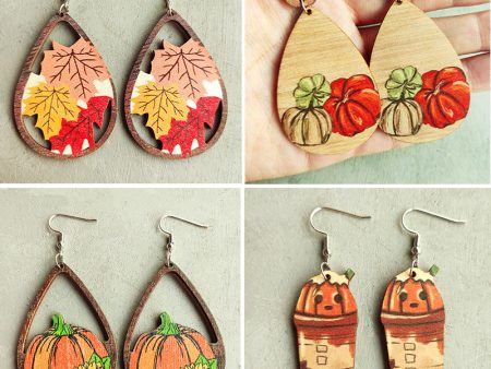 Wholesale 2pairs pack Wooden Thanksgiving Colorful Maple Leaf Sunflower Earrings Hot on Sale