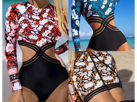 Wholesale Back Zipper Printed Long Sleeve One-Piece Sunscreen Hollow Skinny Polyester Swimwear For Sale