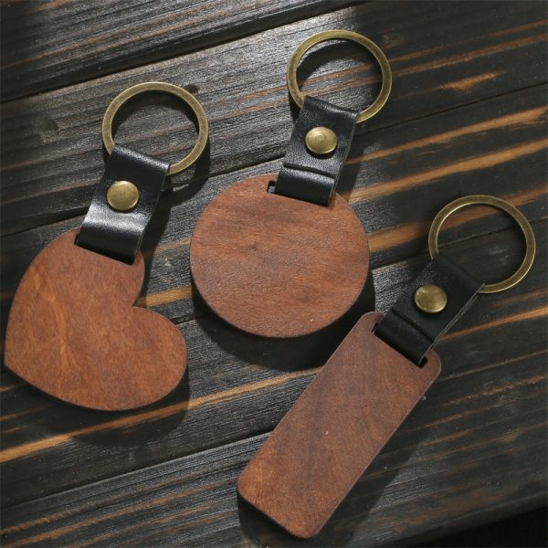 Wholesale Manual DIY Wood Leather Love Circle Rectangular Keychain Supply