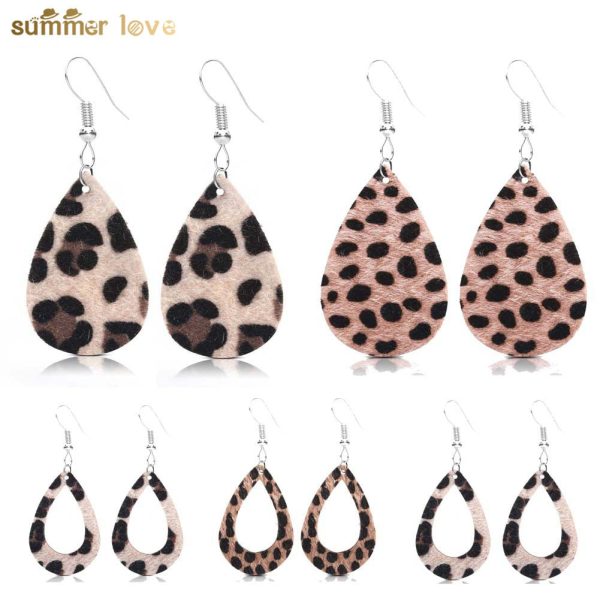 Wholesale PU Leopard Print Water Droplets Earrings Cheap