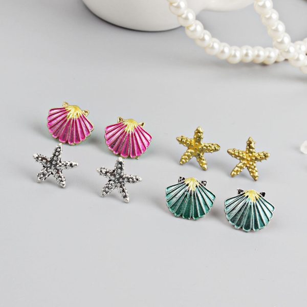 Wholesale Starfish Seashell 4 Pieces Alloy Earrings Online now