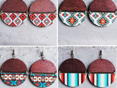 Wholesale 2 Pairs Pack Boho Ethnic Pattern Circular Patchwork Wooden Earrings Online